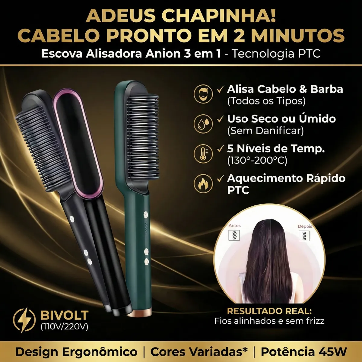 Escova alisadora 3 em 1 com pente embutido